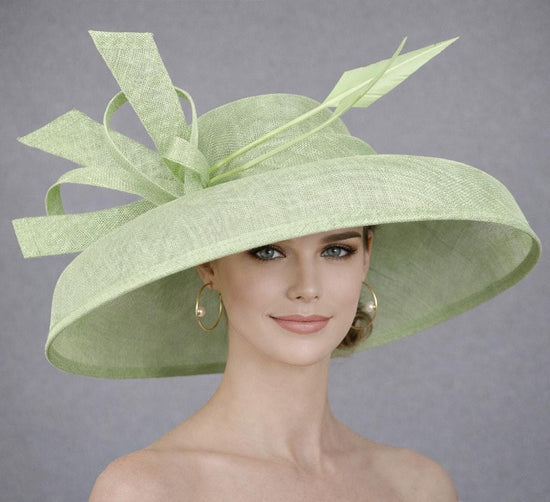 Green Audrey Hepburn Style Wide Brim Kentucky Derby Hat, Ascot Hat for Wedding & Tea Party, Garden Party Hat, Mother of the Bride, Church