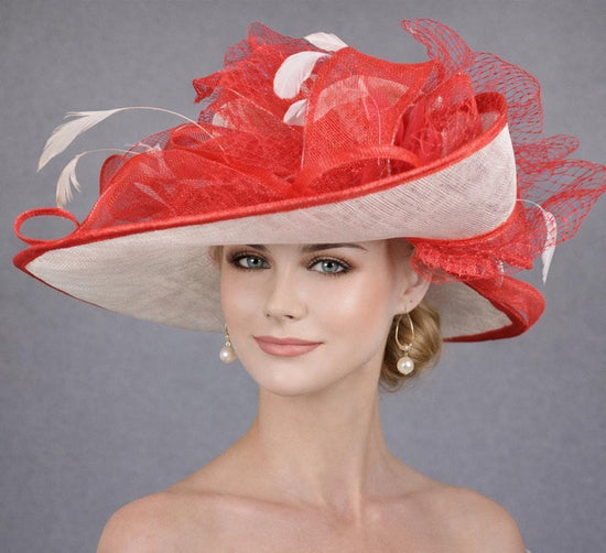 White & Red Wide Brim Sinamay hat, Kentucky derby Hat, Wedding Guest Hat, Tea Party Hat, Ascot Royal Style Hat,Oaks Day Hat