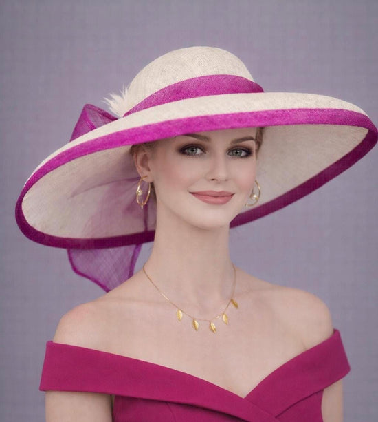 White & Hot Pink Wide Brim Sinamay hat For Easter Day; Kentucky Derby Party;Ascort Royal Party, Tea Garden wedding Party,Mother of the Bride