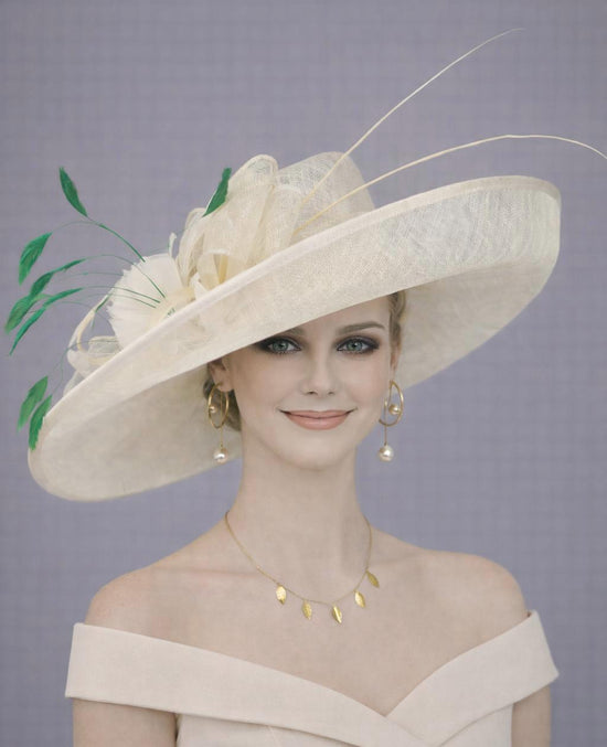 Wide Brim Kentucky Derby Hat, Ascot Hat for Wedding & Tea Party, Garden Party Hat, Mother of the Bride, Church Ivory/ Off White Green