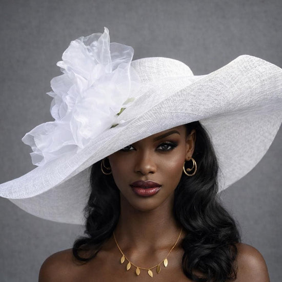 White Silk Flower Wide Brim Sinamay Hat For Kentucky Derby, Ascot Royal ,Tea&Garden Party, Wedding Party, Church