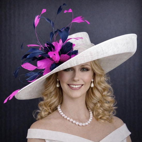 White, Navy, & Fuchsia Feather Flower Wide Brim Sinamay Hat For Kentucky Derby, Ascot Royal, Mother of The Bride, Church, Tea Garden Party