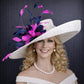 White, Navy, & Fuchsia Feather Flower Wide Brim Sinamay Hat For Kentucky Derby, Ascot Royal, Mother of The Bride, Church, Tea Garden Party