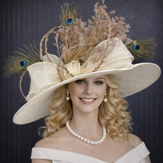 Wide Brim Kentucky Derby Hat, Ascot Hat for Wedding & Tea Party, Garden Party Hat, Mother of the Bride, Church Ivory Taupe Peacock Feathers