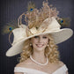 Wide Brim Kentucky Derby Hat, Ascot Hat for Wedding & Tea Party, Garden Party Hat, Mother of the Bride, Church Ivory Taupe Peacock Feathers