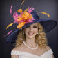 Navy Blue Orange Hot Pink Feather Flower Wide brim Kentucky Derby Hat, Ascort Royal Hat, Tea Party Wedding Party  Garden Pary Church Hat