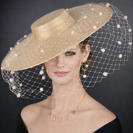 Gold Wide Brim Fascinator Hat with Veil 18 Inch Sinamay Ascot Hat for Wedding Race Day Mother of the Bride