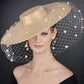 Gold Wide Brim Fascinator Hat with Veil 18 Inch Sinamay Ascot Hat for Wedding Race Day Mother of the Bride