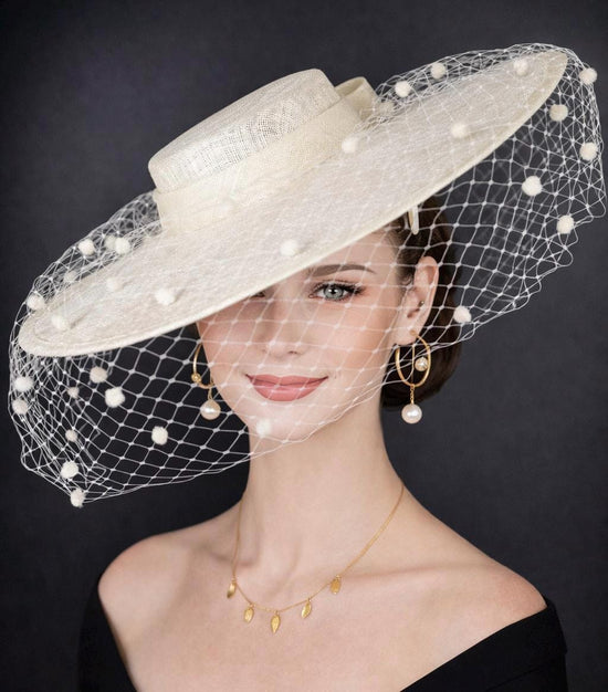 Off White/Ivory Wide Brim Fascinator Hat with Veil 18 Inch Sinamay Ascot Hat for Wedding Race Day Mother of the Bride