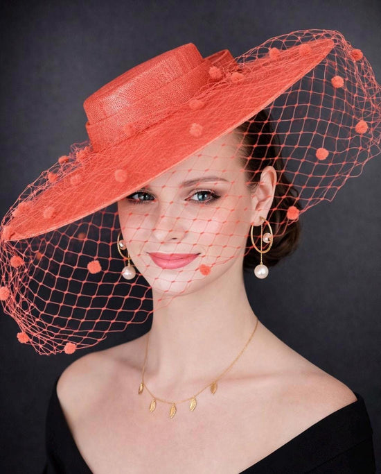 Coral Pink Wide Brim Fascinator Hat with Veil 18 Inch Sinamay Ascot Hat for Wedding Race Day Mother of the Bride