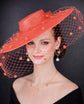Coral Pink Wide Brim Fascinator Hat with Veil 18 Inch Sinamay Ascot Hat for Wedding Race Day Mother of the Bride