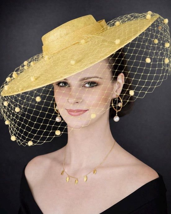 Lemon Yellow Wide Brim Fascinator Hat with Veil 18 Inch Sinamay Ascot Hat for Wedding Race Day Mother of the Bride
