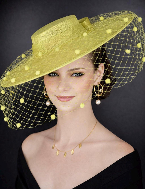 Lime Green Wide Brim Fascinator Hat with Veil 18 Inch Sinamay Ascot Hat for Wedding Race Day Mother of the Bride