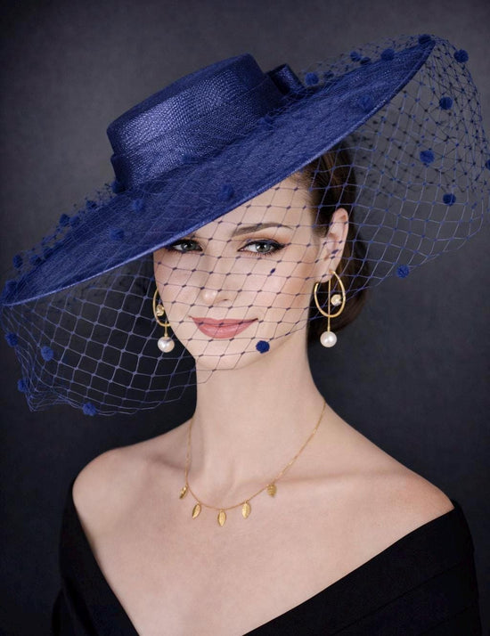 Navy Blue Wide Brim Fascinator Hat with Veil 18 Inch Sinamay Ascot Hat for Wedding Race Day Mother of the Bride