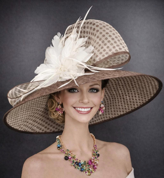 Brown Ivory Polka Dots Wide Brim Sinamay Hat For Kentucky Derby,  Ascot Royal Party,Tea Garden Wedding Party, Church, Mother of the Bride