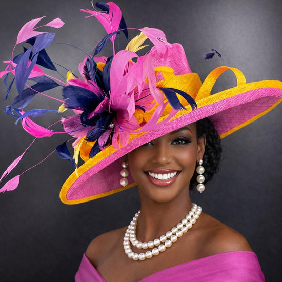 Hot Pink & Navy Feather Ascot Hat Wide Brim Kentucky Derby Hat, Ascot Hat for Wedding Tea Party,Garden Party Hat, Mother of the Bride,Church