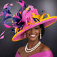 Hot Pink & Navy Feather Ascot Hat Wide Brim Kentucky Derby Hat, Ascot Hat for Wedding Tea Party,Garden Party Hat, Mother of the Bride,Church