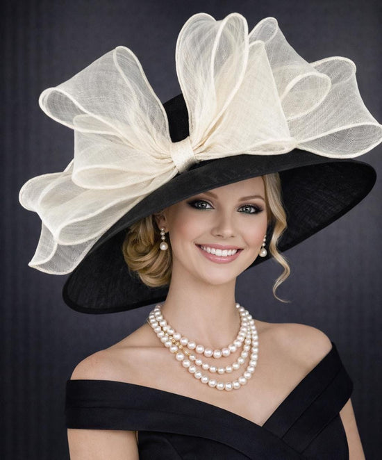 Black Ivory Bow Wide Brim Kentucky Derby Hat, Ascot Hat for Wedding & Tea Party, Garden Party Hat, Mother of the Bride,Church