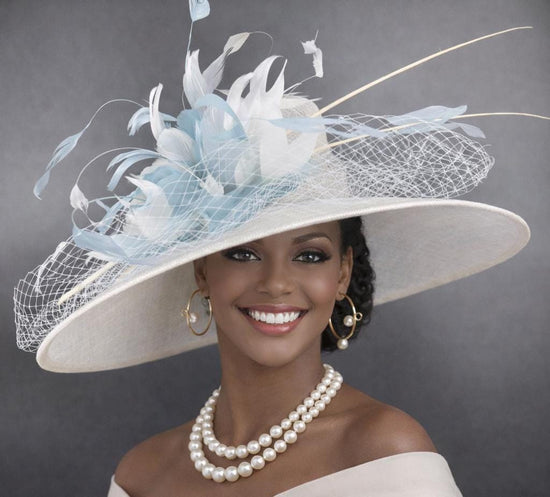 White  Powder Blue Wide Brim Kentucky Derby Hat, Ascot Hat for Wedding & Tea Party, Garden Party Hat, Mother of the Bride,Church