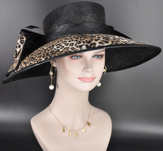 Black Leopard Wide Brim Hat for Women, Kentucky Derby Hat, Church & Ascot Hat, Adjustable Size Elegant Statement Hat