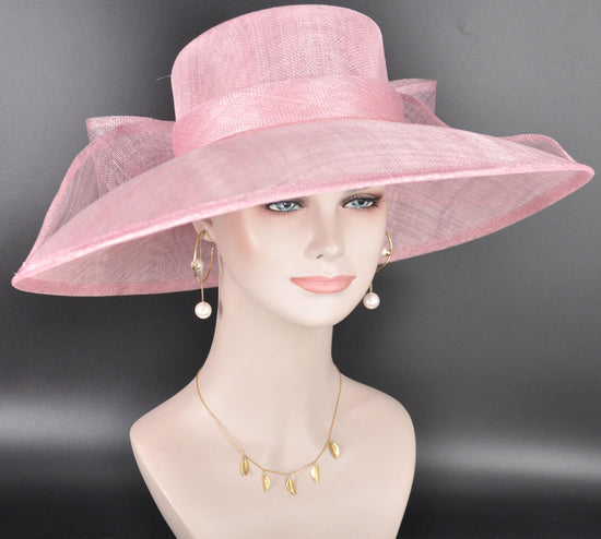 Pink Wide Brim Hat for Women, Kentucky Derby Hat, Church & Ascot Hat, Adjustable Size Elegant Statement Hat