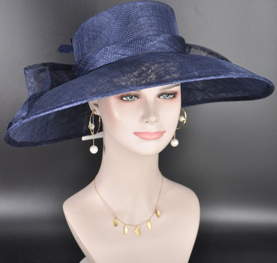 Navy Blue Wide Brim Hat for Women, Kentucky Derby Hat, Church & Ascot Hat, Adjustable Size Elegant Statement Hat