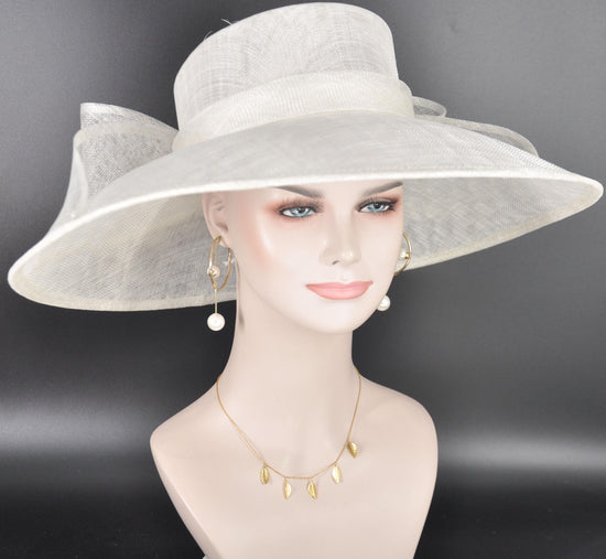 White Wide Brim Hat for Women, Kentucky Derby Hat, Church & Ascot Hat, Adjustable Size Elegant Statement Hat