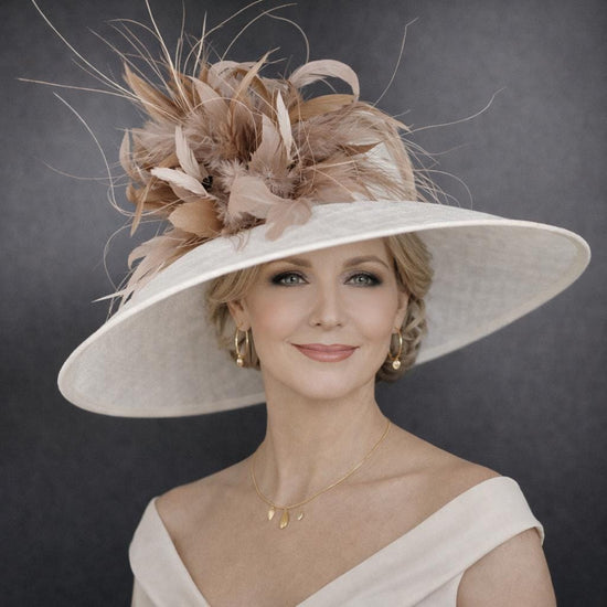 White Taupe Feather Flowers Wide Brim Kentucky Derby Hat, Ascot Royal Party Hat, Mother of the Bride Hat, Church Hat, Tea&Garden Party Hat