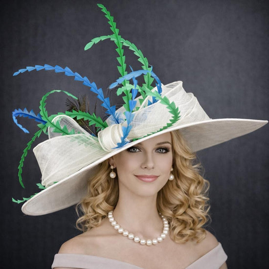 White Teal Blue Green Feathered Bow Style Wide Brim Sinamay Hat For Kentucky Derby,Ascot Royal, Church, Tea&Garden Party, Wedding