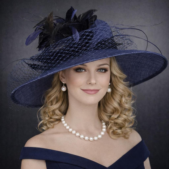 Navy Blue Feather Flower Wide Brim Sinamay Hat For Kentucky Derby, Chuch, Easter Party, Wedding, Tea&Garden Party, Ascot Royal