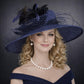 Navy Blue Feather Flower Wide Brim Sinamay Hat For Kentucky Derby, Chuch, Easter Party, Wedding, Tea&Garden Party, Ascot Royal