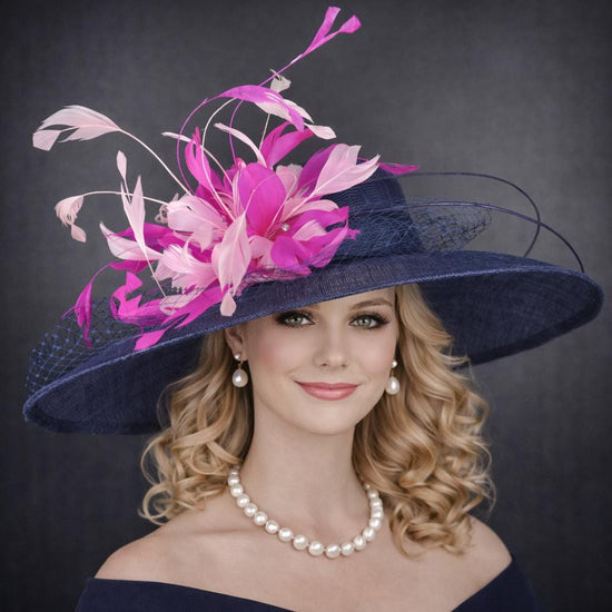 Navy Blue Fuchsia Pink Feather Flower Wide Brim Sinamay Hat For Kentucky Derby, Church, Ascot Royal,Tea&Garden Party, Wedding Party,Race Day