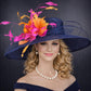 Navy Blue Fuchsia Feather Flower Wide Brim Sinamay Hat For Kentucky Derby, Church, Ascot Royal, Tea&Garden Party, Wedding Party, Race Day