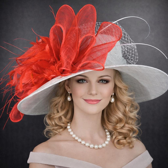 Powder Blue, Red Feather Flower Bow Wide Brim Sinamay Hat For Kentucky Derby, Ascot Royal, Tea&Garden Party, Wedding, Easter Day, Church