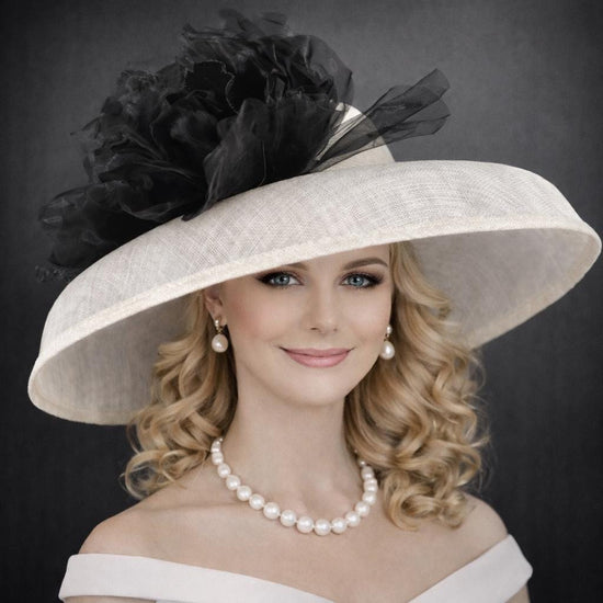 White Audrey Hepburn Style with Black Flower Wide Brim Kentucky Derby Hat,Ascot Hat for Wedding Tea Party, Garden Party Hat