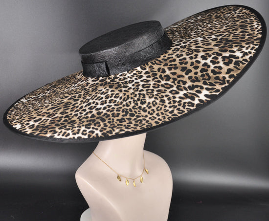 Wide Brim Sinamay Hat, 23.5 Inch Derby Hat, Ascot Hat, Church Hat, Wedding Hat, Statement Race Day Hat Black w Leopard