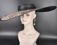 Wide Brim Sinamay Hat, 23.5 Inch Derby Hat, Ascot Hat, Church Hat, Wedding Hat, Statement Race Day Hat Black w Leopard