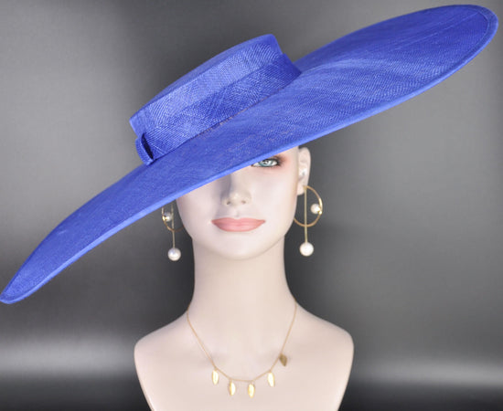 Wide Brim Sinamay Hat, 23.5 Inch Derby Hat, Ascot Hat, Church Hat, Wedding Hat, Statement Race Day Hat Royal Blue