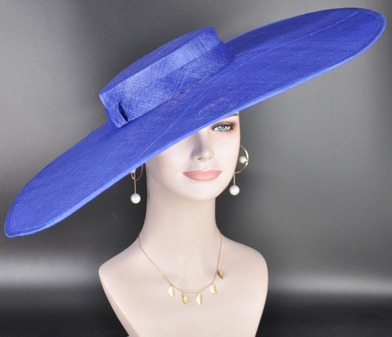 Wide Brim Sinamay Hat, 23.5 Inch Derby Hat, Ascot Hat, Church Hat, Wedding Hat, Statement Race Day Hat Royal Blue