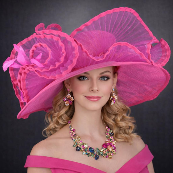 Fuchsia Pink Crin Wave Design Wide Brim Wedding Hat for Kentucky Derby,Tea&Garden Party,Wedding Party, Ascot Royal Party,Mother of The Bride