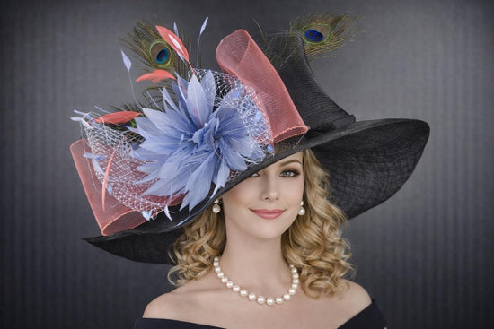 Black Blue Coral Feather Flowers Wide Brim Kentucky Derby Hat,Ascot Hat for Wedding  Tea Party, Garden Party Hat,Mother of the Bride, Church