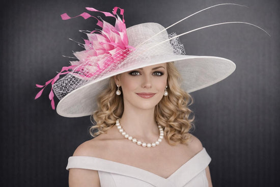 White  Pink Feather Flower Wide Brim Sinamay hat, Kentucky derby Hat, Wedding Guest Hat, Tea Party Hat, Ascot Royal Style Hat,Oaks Day Hat