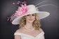 White  Pink Feather Flower Wide Brim Sinamay hat, Kentucky derby Hat, Wedding Guest Hat, Tea Party Hat, Ascot Royal Style Hat,Oaks Day Hat