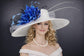 White Blue Feather Flower  Wide Brim Sinamay hat, Kentucky derby Hat, Wedding Guest Hat, Tea Party Hat, Ascot Royal Style Hat,Oaks Day Hat