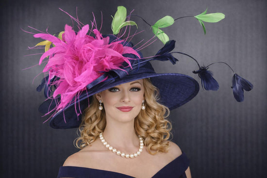 Navy Blue Gree Fuchsia Pink Feather Flower  Wide Brim Sinamay hat, Kentucky derby Hat, Wedding Guest Hat, Tea Party Hat, Ascot Royal Style H