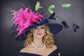 Navy Blue Gree Fuchsia Pink Feather Flower  Wide Brim Sinamay hat, Kentucky derby Hat, Wedding Guest Hat, Tea Party Hat, Ascot Royal Style H