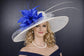 White Royal Blue Feather Flower  Wide Brim Sinamay hat, Kentucky derby Hat, Wedding Guest Hat, Tea Party Hat, Ascot Royal Style Hat,Oaks Day
