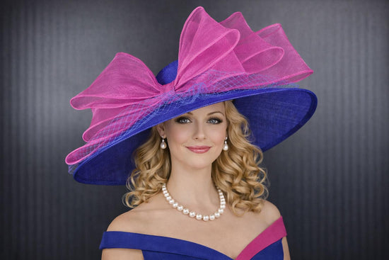 Royal Blue Fuchsia Pink Bows Wide Brim Sinamay hat, Kentucky derby Hat, Wedding Guest Hat,Tea Party Hat, Ascot Royal Style Hat,Oaks Day Hat