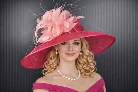 Red Pink Feather Flower  Wide Brim Sinamay hat, Kentucky derby Hat, Wedding Guest Hat, Tea Party Hat, Ascot Royal Style Hat,Oaks Day Hat