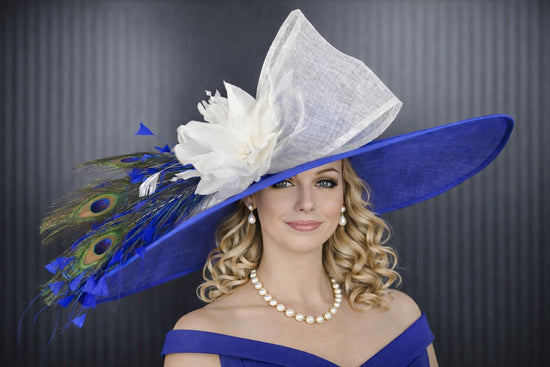 Royal Blue White Feather Flower  Wide Brim Sinamay hat, Kentucky derby Hat, Wedding Guest Hat, Tea Party Hat, Ascot Royal Style Hat,Oaks Day